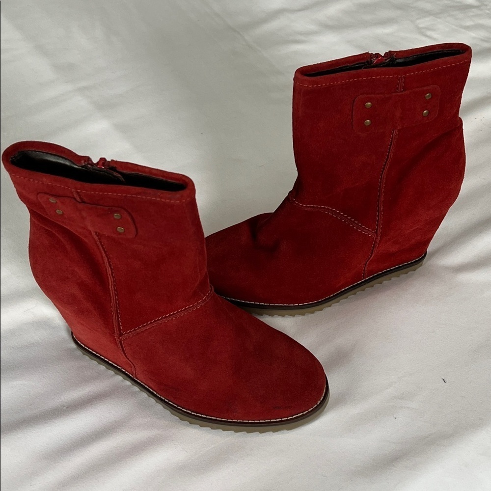 Diba Red Suede “Lock It Up” Wedge Booties